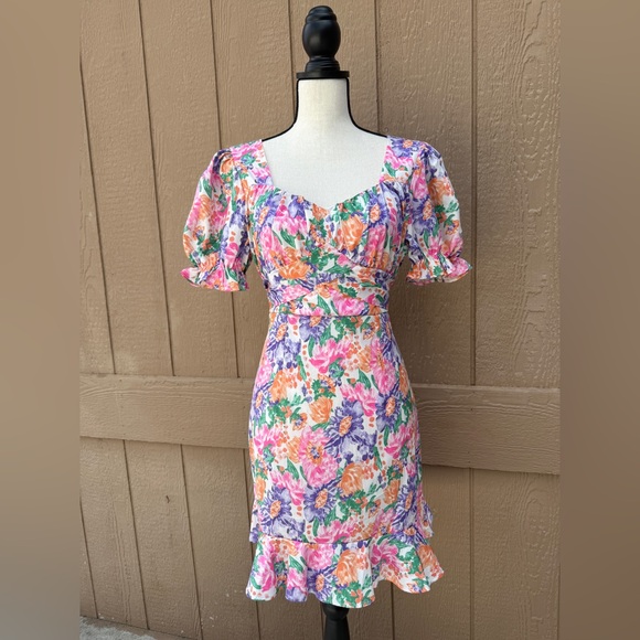 ZC Dresses & Skirts - ZC Multicolor Floral Puff Sleeve Open Back Short Dress Sweetheart Neck (L)